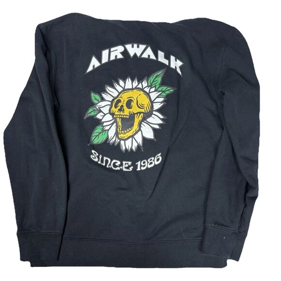 Airwalk Hoodie Mens Medium Black Full Zip Skull Flower Graphic Y2K Grunge Skater - Picture 1 of 9